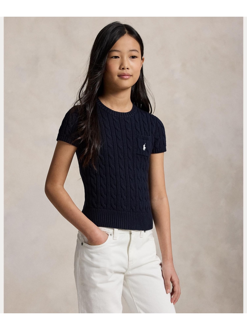POLO RALPH LAUREN (ガールズ 7才~16才)ケーブルニット コットン ショートスリーブ セーター ラルフローレン トップス ニット ネイビー【送料無料】