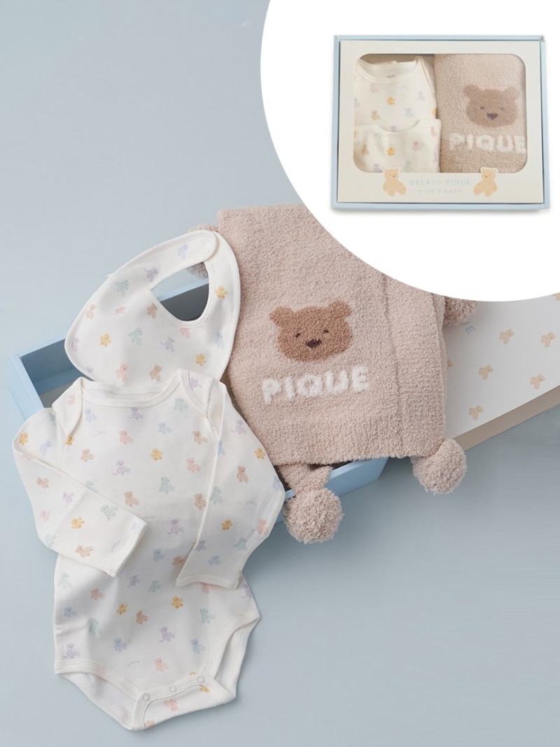 gelato pique 【ラッピング済み】【BABY】ベア毛布\u0026上半身背広\u0026スタイ3点仕掛ける 差し上げ物BOX ジェラートピケ マタニティウェア・ベビー備品 スタイ・よだれかけ ベージュ サクラ色【貨物輸送無料】