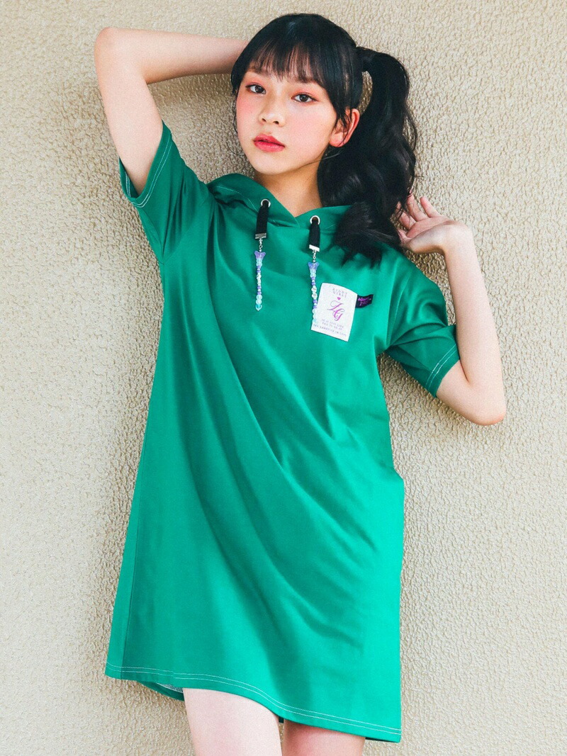 Ziddy カラーステッチ 130 160cm ビーズ ワンピース 付 フード カットソー