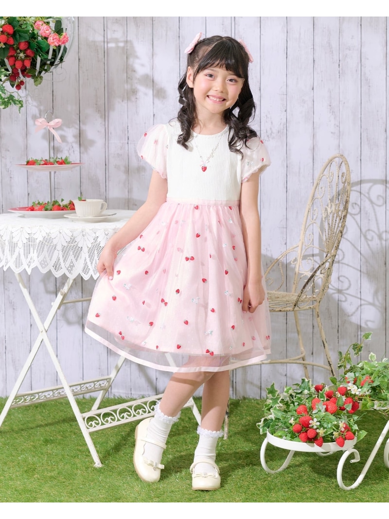 mezzo piano イチゴ刺しゅうチュール ドッキングワンピース ナルミヤオンライン ワンピース・ドレス ワンピース ピンク ブルー【送料無料】