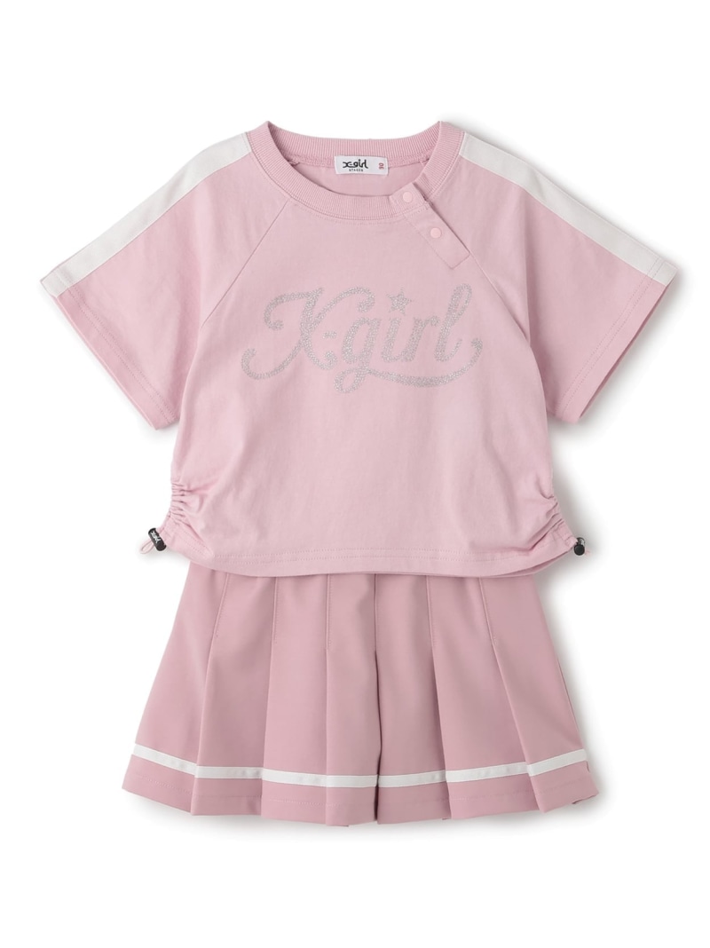 X-girl Stages ラメロゴ半袖Tシャツ+ラインプリーツスカート セット ナルミヤオンライン トップス アンサンブル ピンク【送料無料】