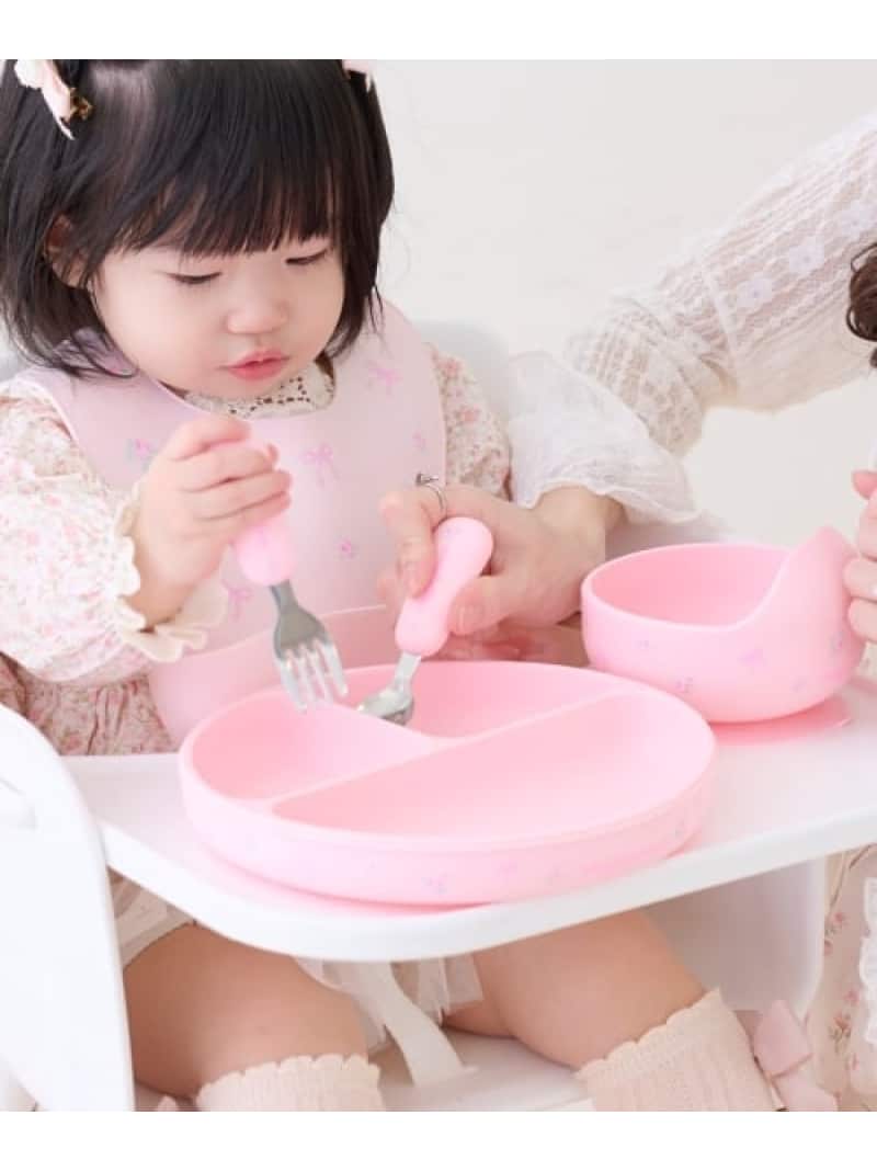 mezzo piano バラ柄 シリコン食器セット ナルミヤオンライン マタニティウェア・ベビー用品 離乳食・お食事グッズ ピンク【送料無料】
