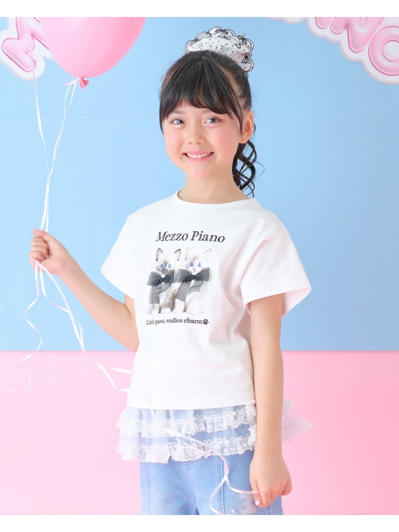 mezzo piano 子猫プリント 半袖Tシャツ ナルミヤオンライン トップス カットソー・Tシャツ ホワイト ブルー【送料無料】