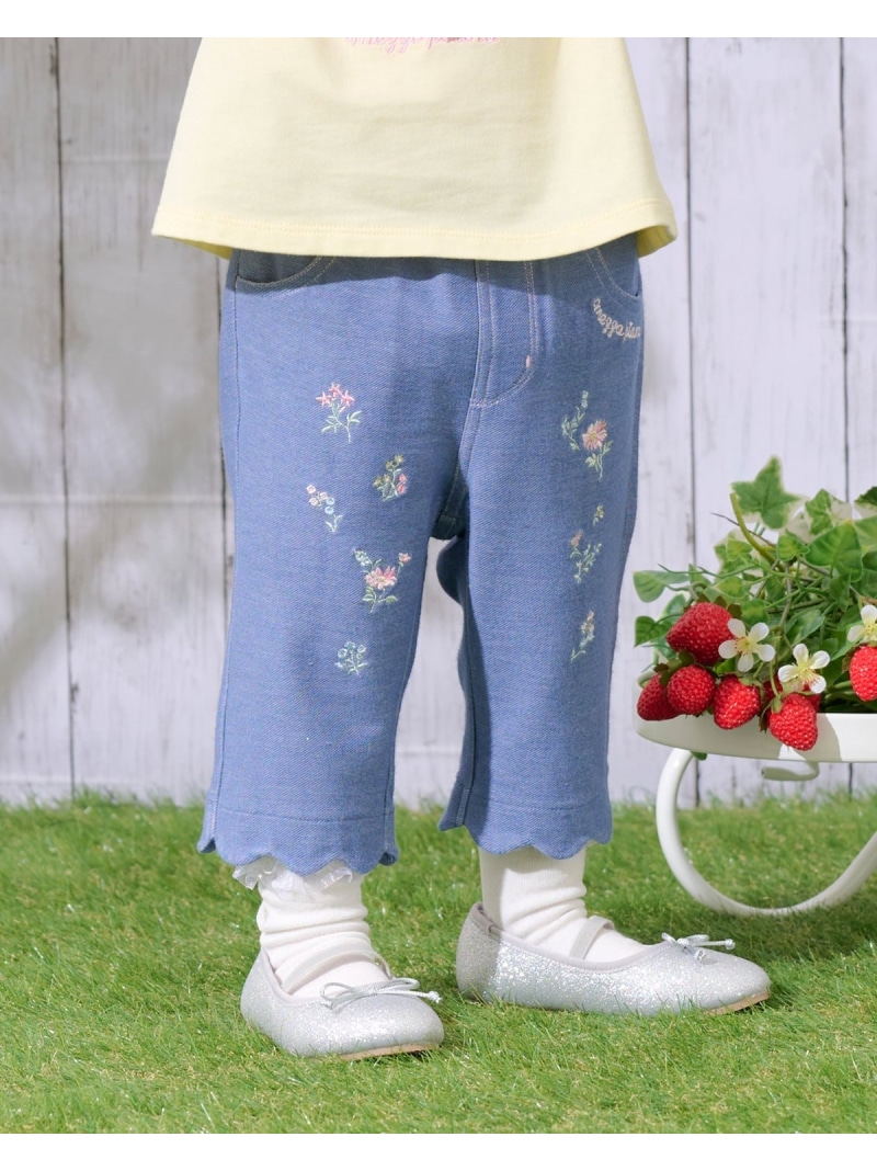 mezzo piano 裾スカラップ花刺しゅう 7分丈カットソーパンツ ナルミヤオンライン パンツ その他のパンツ ホワイト ブルー【送料無料】