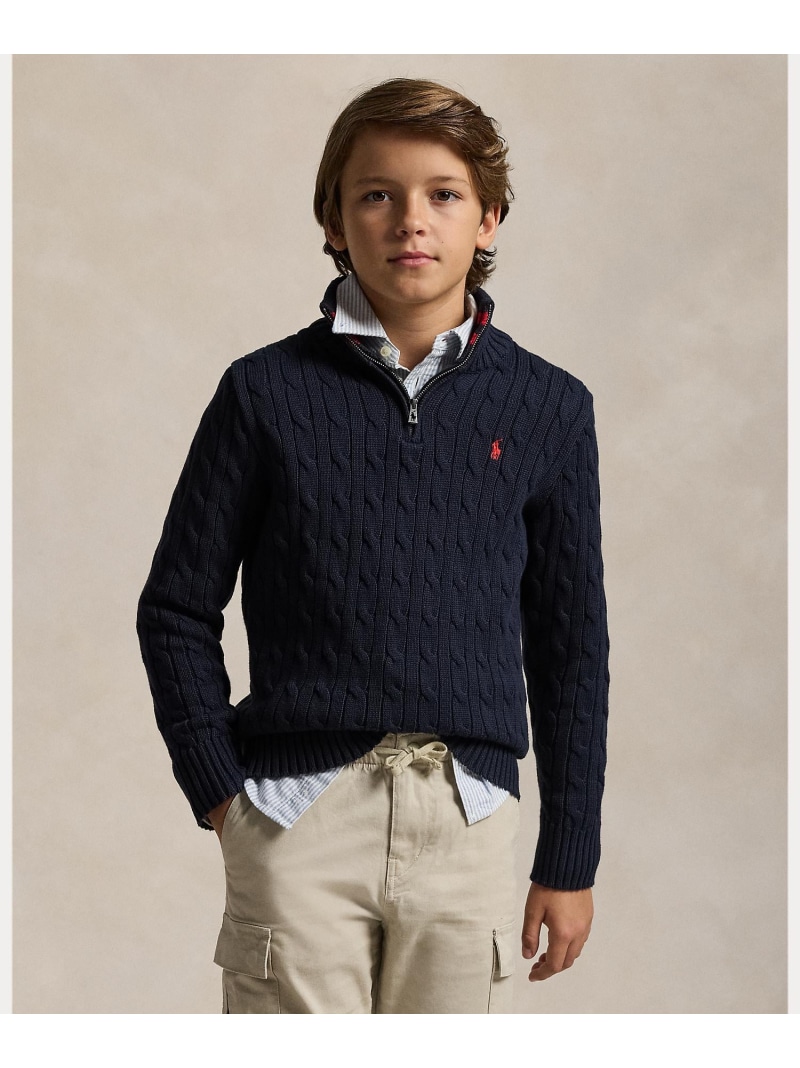 POLO RALPH LAUREN (ボーイズ 8才~20才)有線テレビ編み物 綿織物 クォータージップ スウェーター ラルフローレン トップス 編み物 米国海軍【貨物輸送無料】