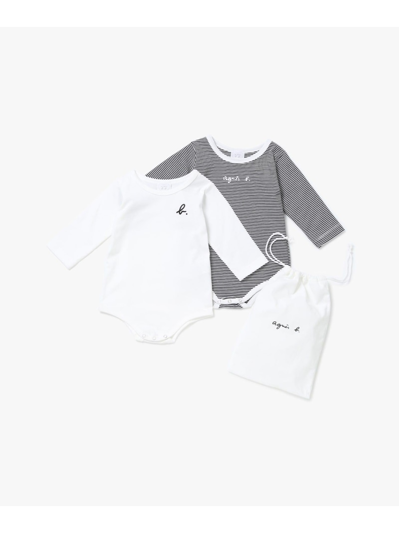 agnes b. ENFANT ベビー ロゴ ボーダー コットン 長袖 ボディスーツ 2枚組 アニエスベー マタニティウェア・ベビー用品 ロンパース・カバーオール ホワイト【送料無料】
