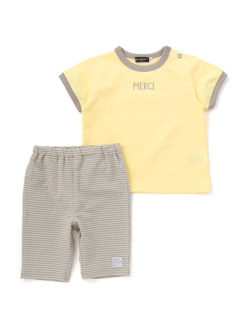 BeBe ロゴ刺しゅう半袖リンガーTシャツ+ボーダーリラックスパンツセット(80~90cm) ベベ オンライン ストア マタニティウェア・ベビー用品 ベビーギフト ピンク グレー グリーン【送料無料】