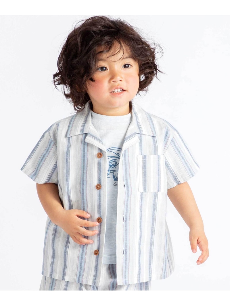 BeBe 【お揃い】リネン調マルチストライプオープンカラー半袖シャツ(80~100cm) ベベ オンライン ストア トップス シャツ・ブラウス オレンジ ネイビー【送料無料】 5,220円