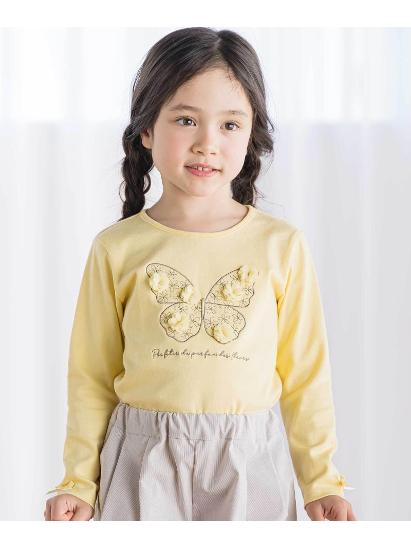 BeBe フラワーモチーフちょうちょ刺しゅうスムース長袖Tシャツ(80~150cm) ベベ オンライン ストア トップス カットソー・Tシャツ イエロー パープル【送料無料】