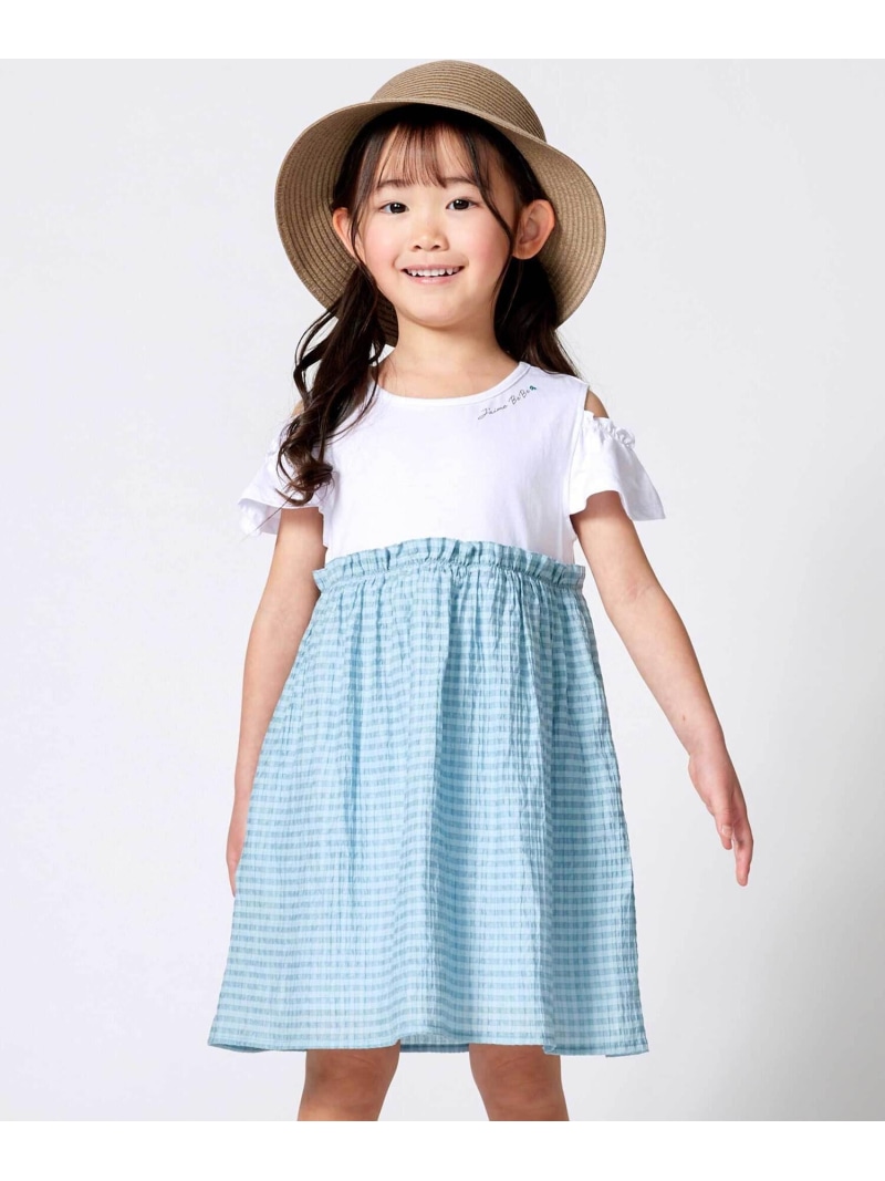 BeBe シアーチェックドッキング肩開きワンピース(90~150cm) ベベ オンライン ストア ワンピース・ドレス ワンピース イエロー グリーン【送料無料】