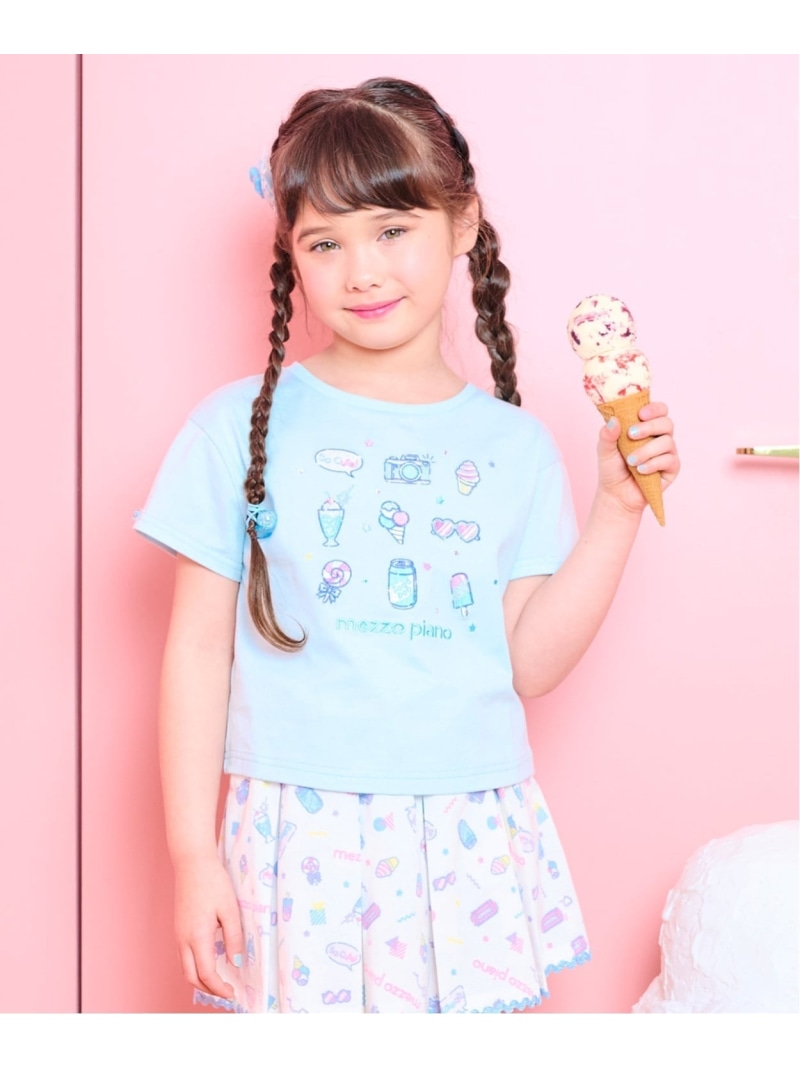 mezzo piano ファンシー受けが良い縫い 半袖プルオーバー【当たること冷感】 ナルミヤオンライン トップス カットソー・プルオーバー サクラ色 黄色 青色【貨物輸送無料】