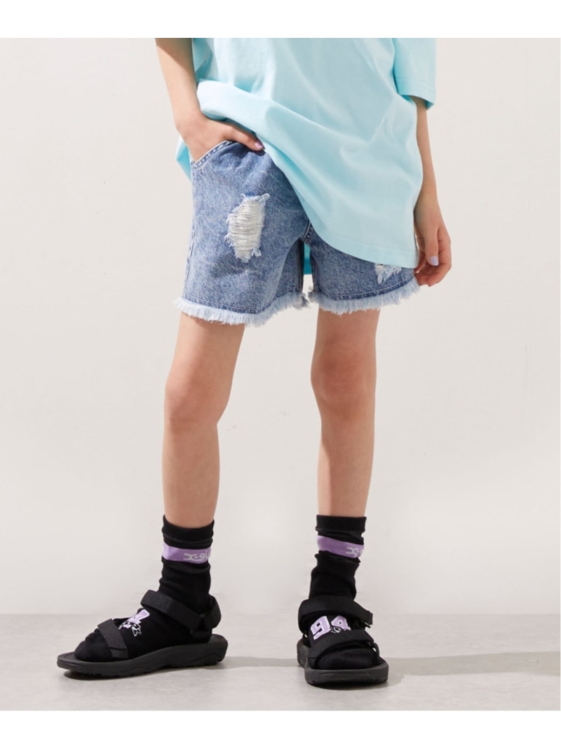 X-girl Stages 豹柄レイヤードクラッシュ加工デニムショートパンツ ナルミヤオンライン パンツ その他のパンツ ブルー【送料無料】