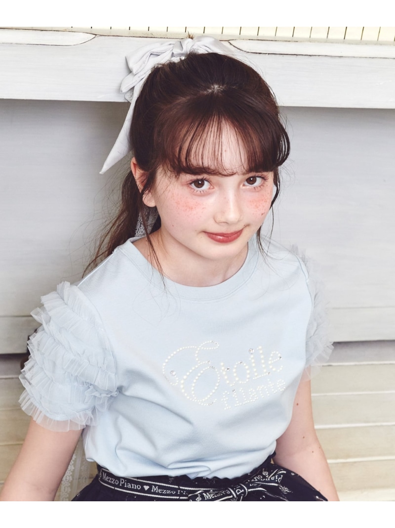mezzo piano Junior 【人付き合い冷感】袖チュールフリルティーシャツ ナルミヤオンライン トップス カットソー・ティーシャツ 青碧 サクラ色 白いこと【貨物輸送無料】