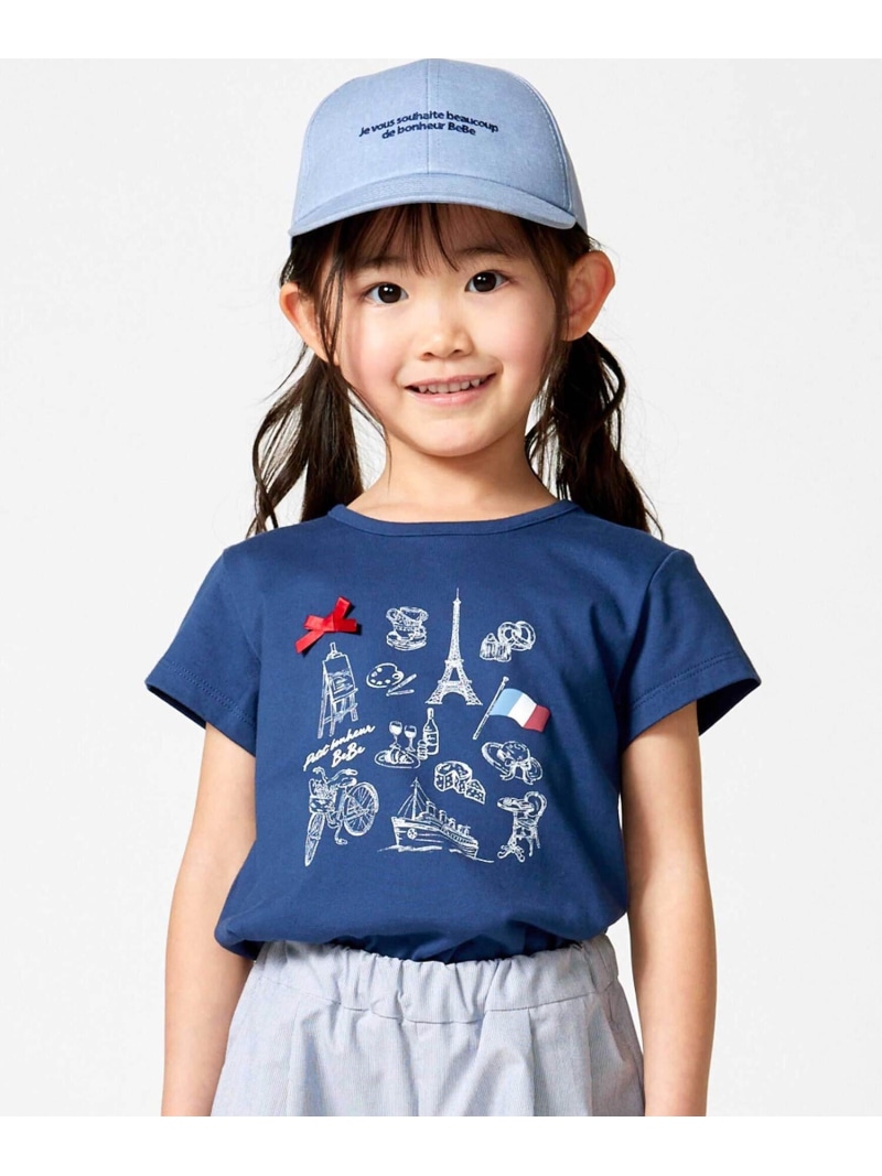 BeBe PARISおでかけプリント天竺半袖Tシャツ(90~150cm) ベベ オンライン ストア トップス カットソー・Tシャツ ホワイト ネイビー【送料無料】