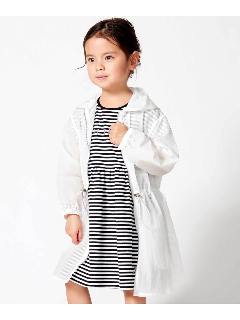 BeBe ボーダーギャザーワンピース+シアータフタロングパーカーセット(100~150糎) ベベ オンライン バス発着場 ジャケット・アウター ナイロン上衣 青色 白いこと【貨物輸送無料】