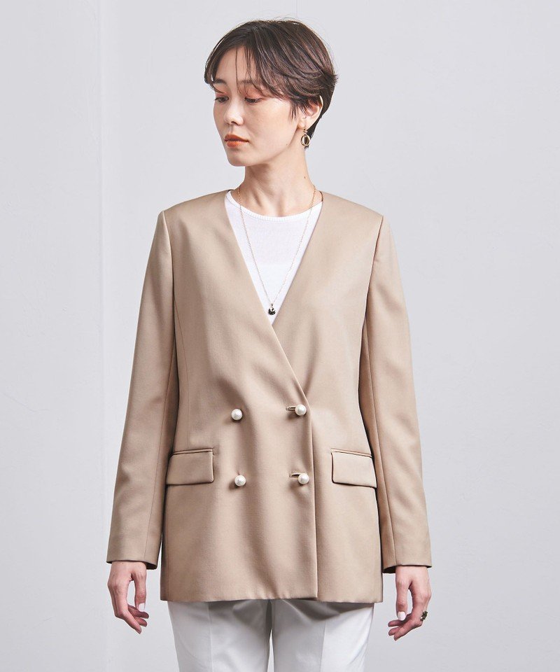 UNITED ARROWS - UNITED ARROWS☆WパールモチーフVノーカラージャケット ネイビー SALE／50%OFF】UNITED ARROWS W パールモチーフ Vノーカラー