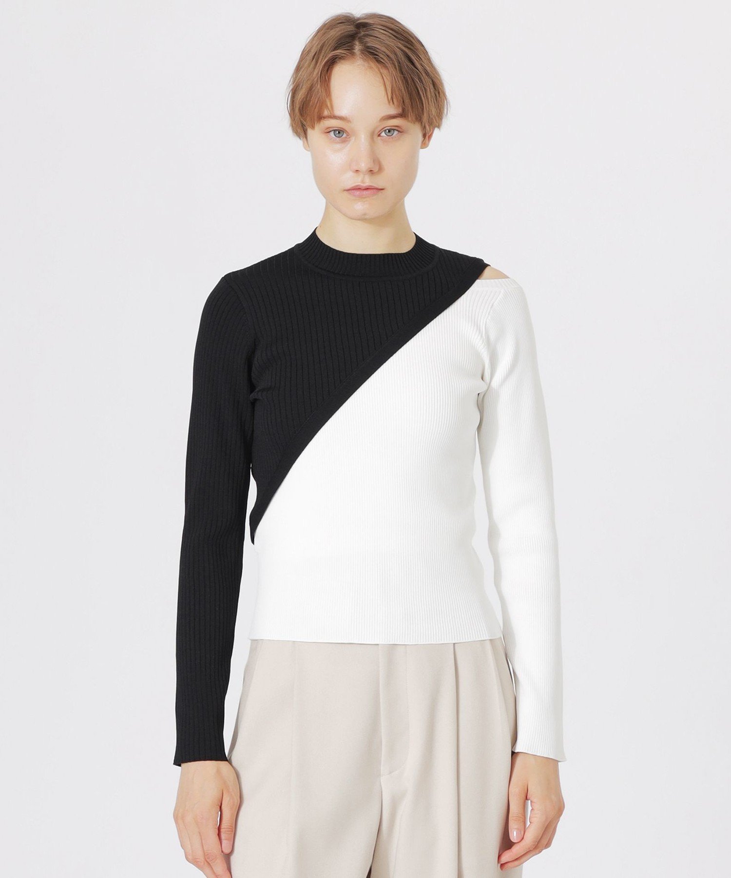 【SALE／30%OFF】LOVELESS ブロッキングカットアウトニット ラブレス トップス ニット ブルー ホワイト グレー【送料無料】画像