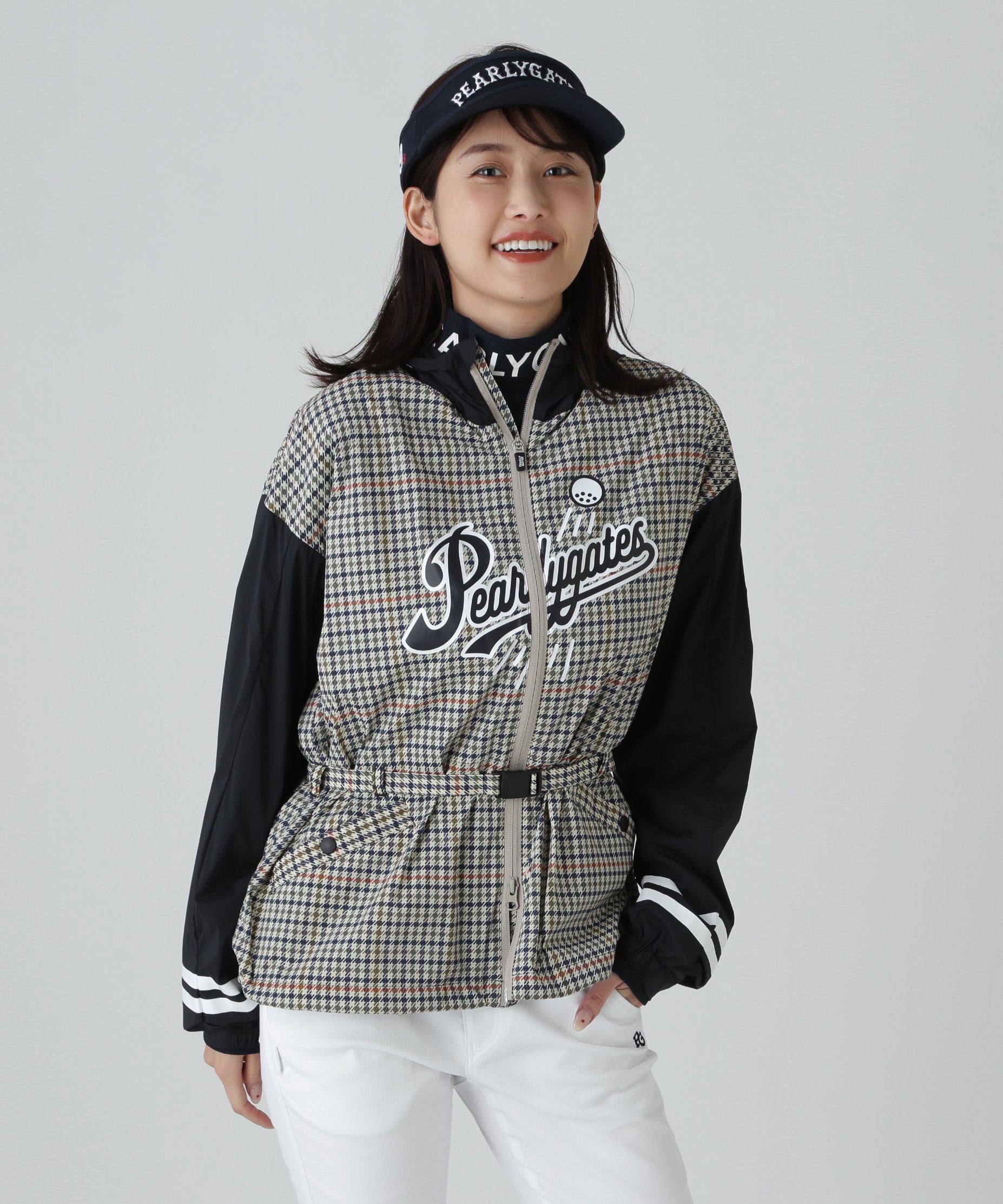 PEARLY GATES 白と黒のチェック柄 ジップアップジャケット PEARLY GATES（パーリーゲイツ） ストレッチメッシュ ガンクラブ