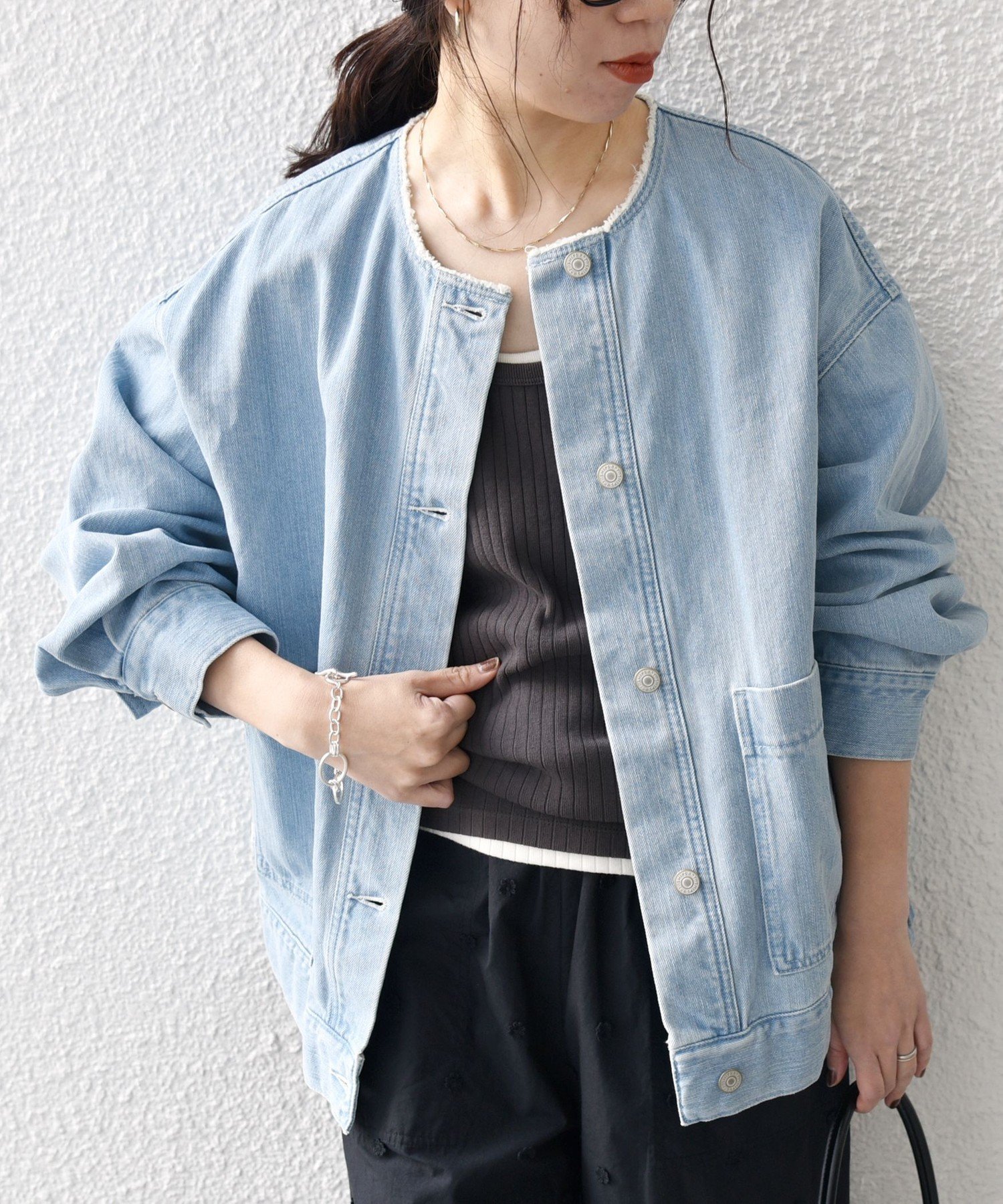 SHIPS any SHIPS any: ノーカラー デニム ブルゾン[SHIPS any DENIM