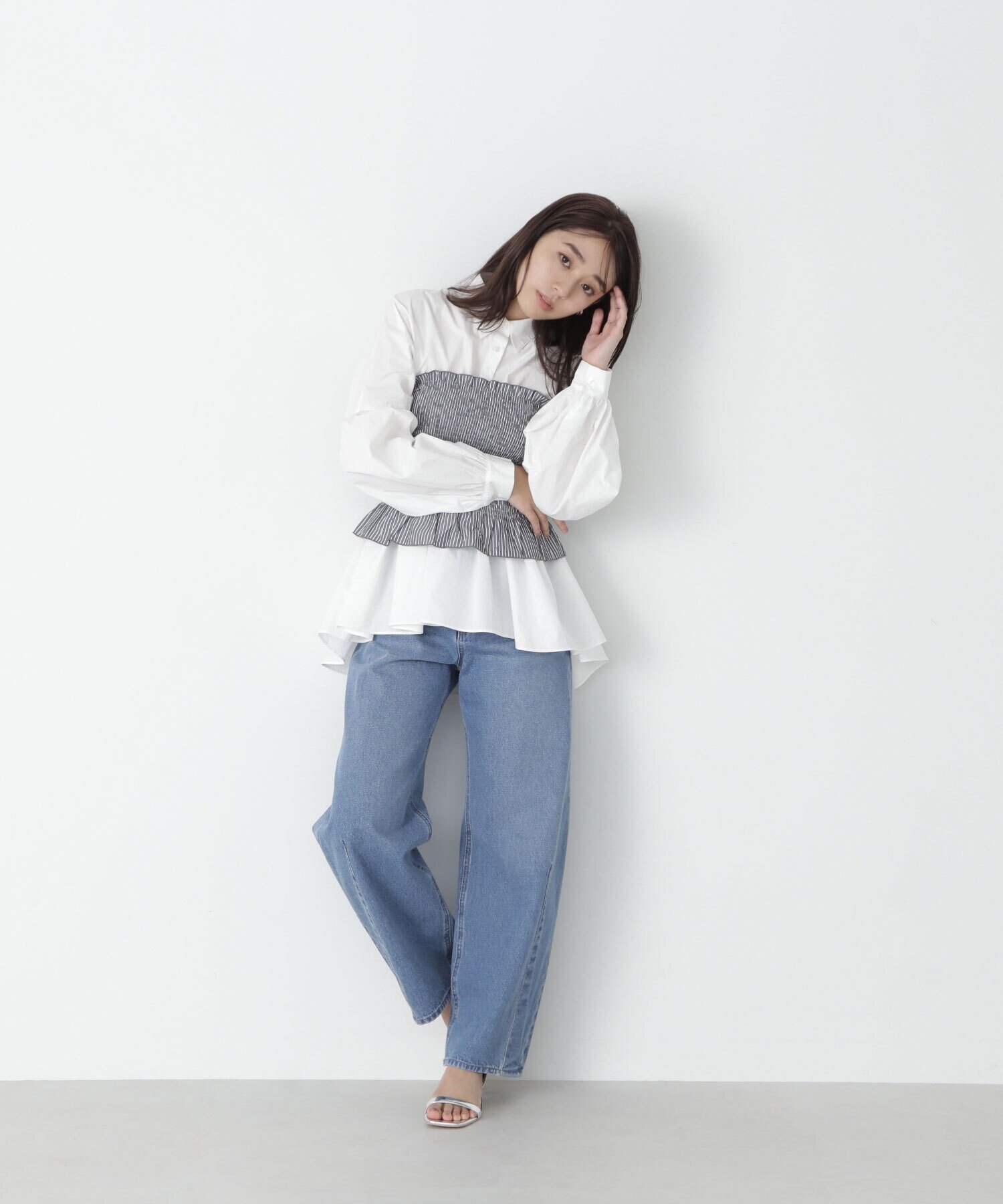 SALE／50%OFF】NATURAL BEAUTY BASIC ギャザーペプラムシャツ&ビスチェ 