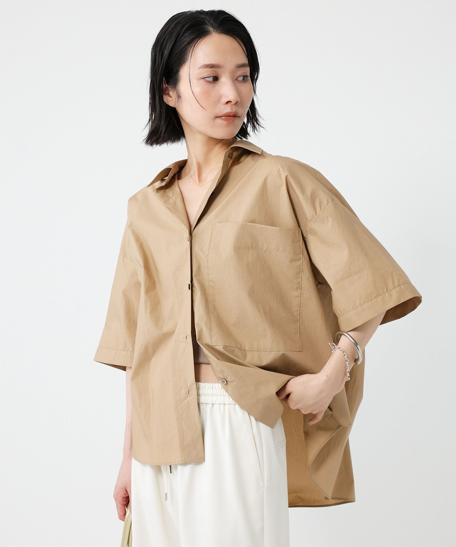 【SALE／20%OFF】BABYLONE ビッグポケットハーフスリーブシャツ バビロン トップス シャツ・ブラウス ホワイト ベージュ【送料無料】画像