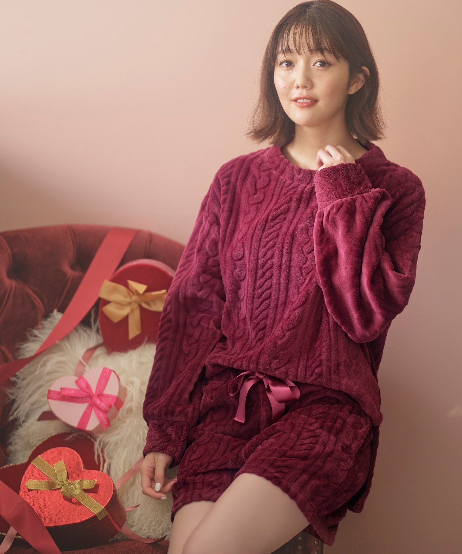 Lingerie by GeeRA ケーブル風フリースルームウェア&ショーパンセット ユナウ インナー・ルームウェア パジャマ ブルー ピンク ホワイト グレー ブラウン レッド【送料無料】
