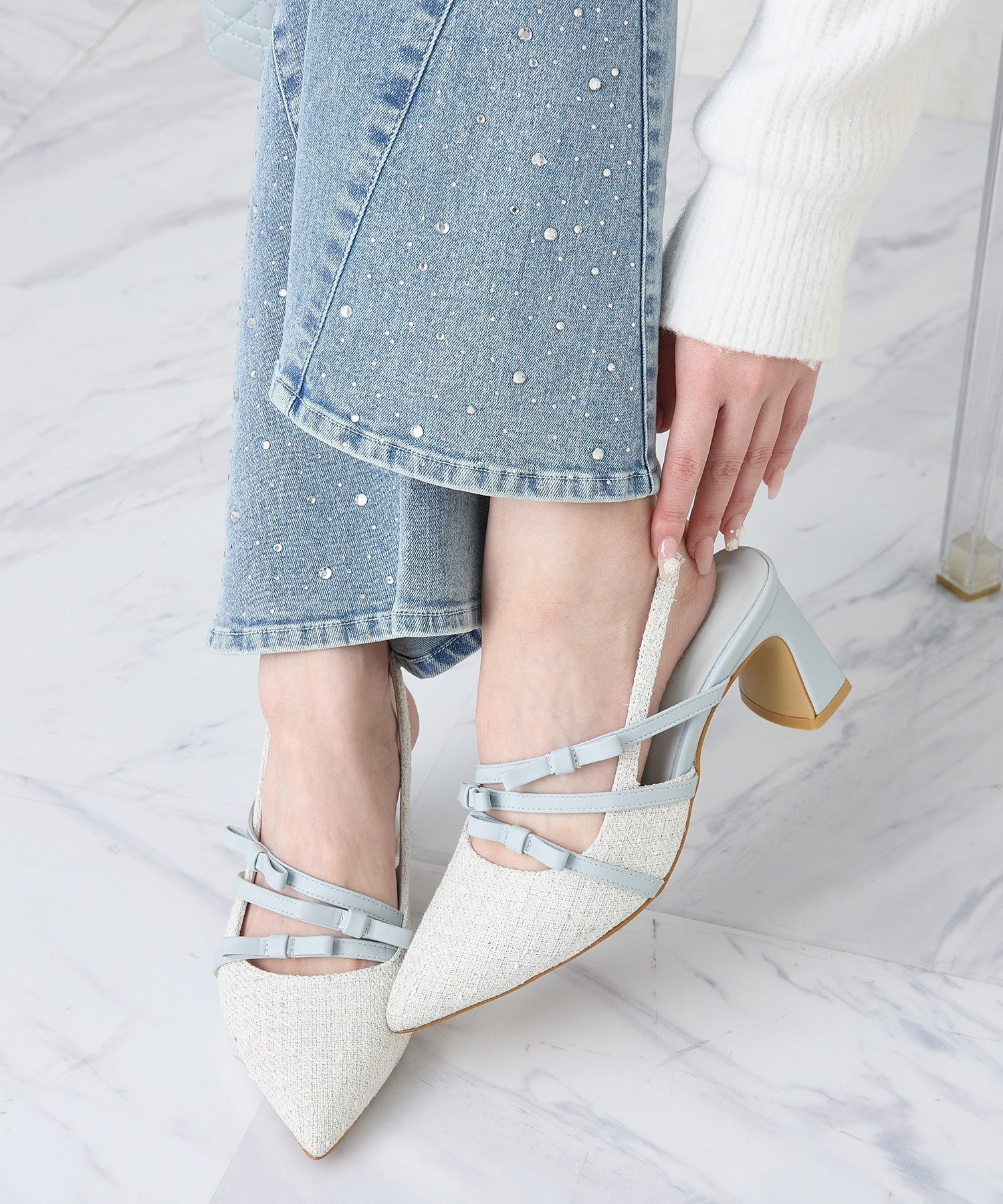 one after another NICE CLAUP リボンミュール/サックスツイード ワンアフターアナザー ナイスクラップ シューズ・靴 その他のシューズ・靴 ブルー【送料無料】画像