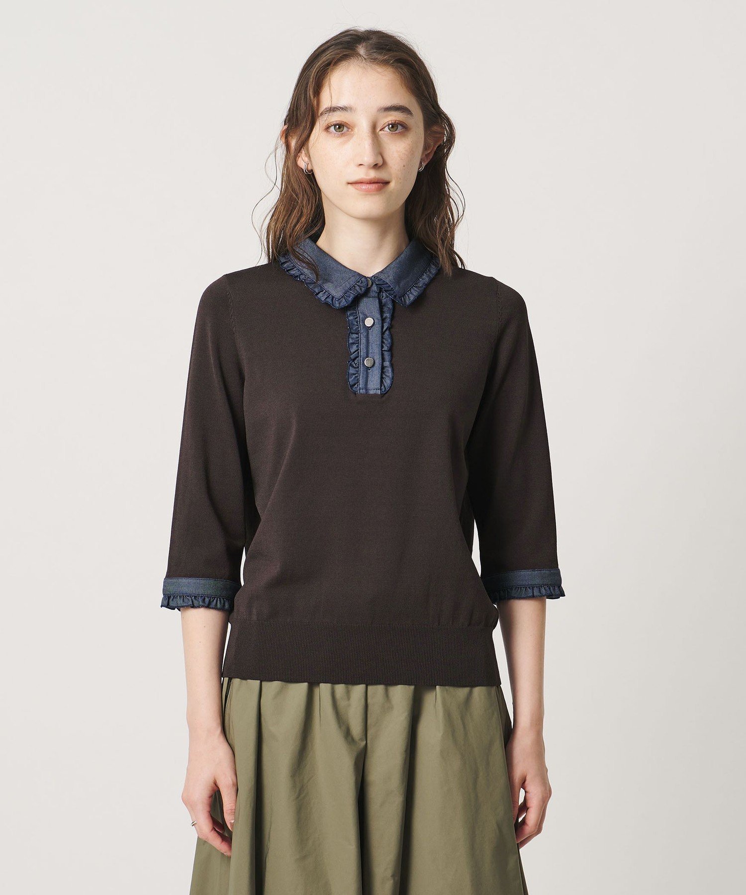 UNITED ARROWS 六分袖 デニムライク ポロニット -ウォッシャブル