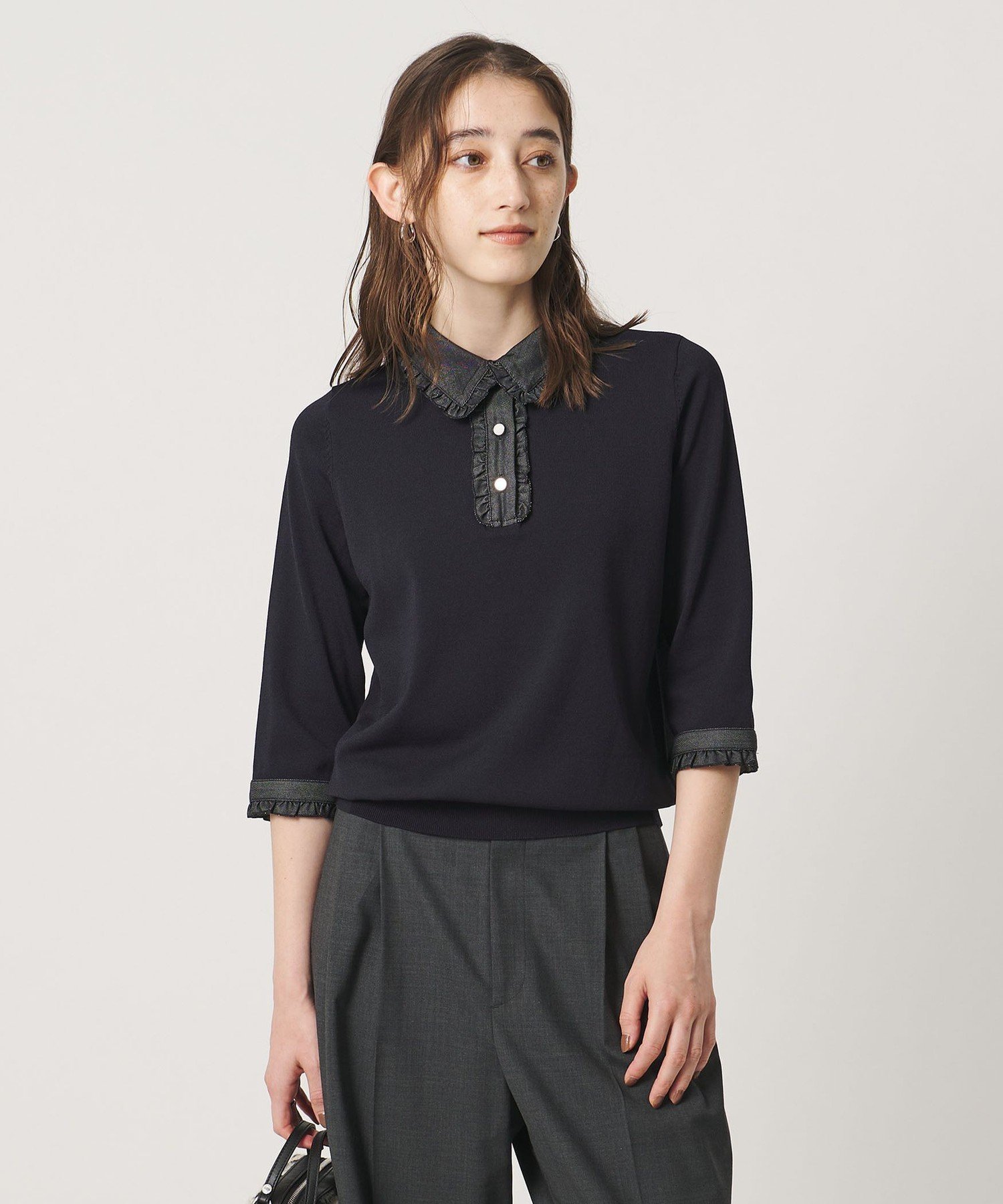 UNITED ARROWS 六分袖 デニムライク ポロニット -ウォッシャブル