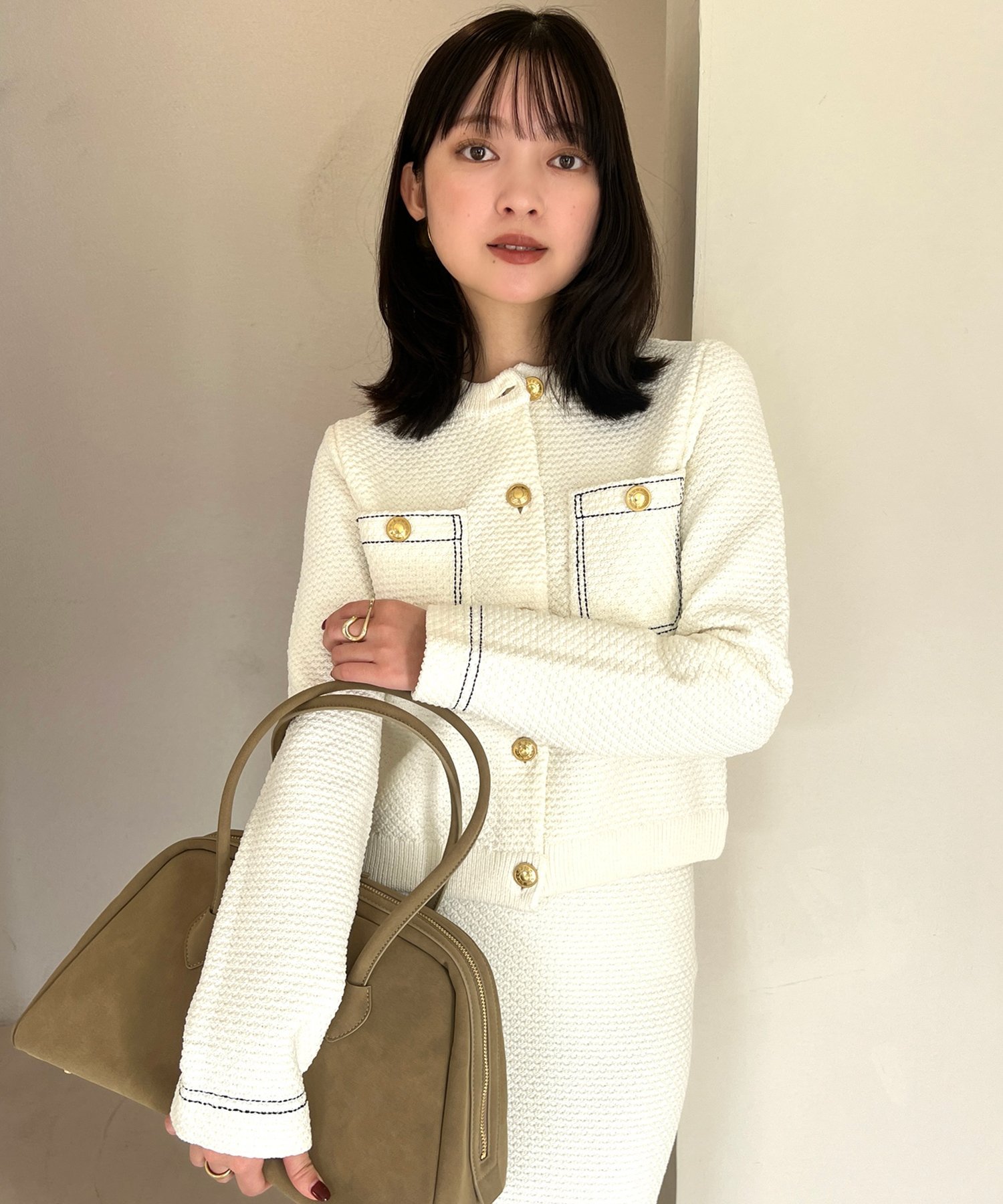 anuans ノーカラーニットジャケット グリーン ノーカラーニットジャケット