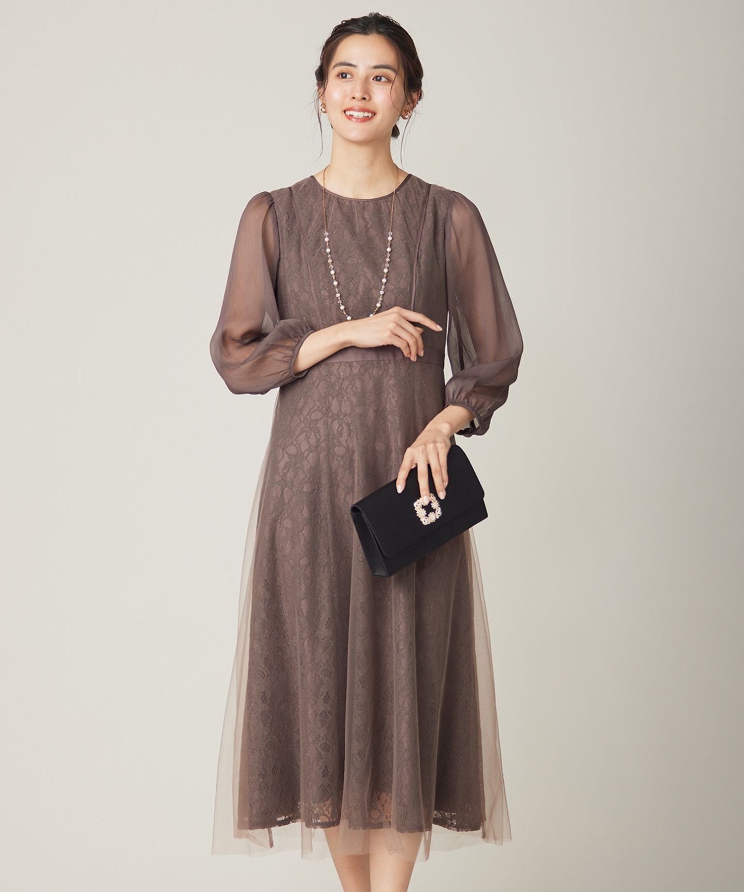 【新品】any SiS Lily Calinレーススリーブタック ドレス　紺 セール】 【Lily Calin】レーススリーブタック ドレス （ドレス