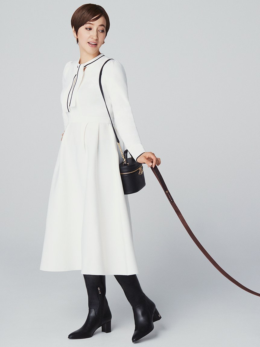 美品　セルフォード ボウタイニットワンピース ロング フレア 白×黒 36 CELFORD - 新品 CELFORD セルフォード ボウタイニットワンピース