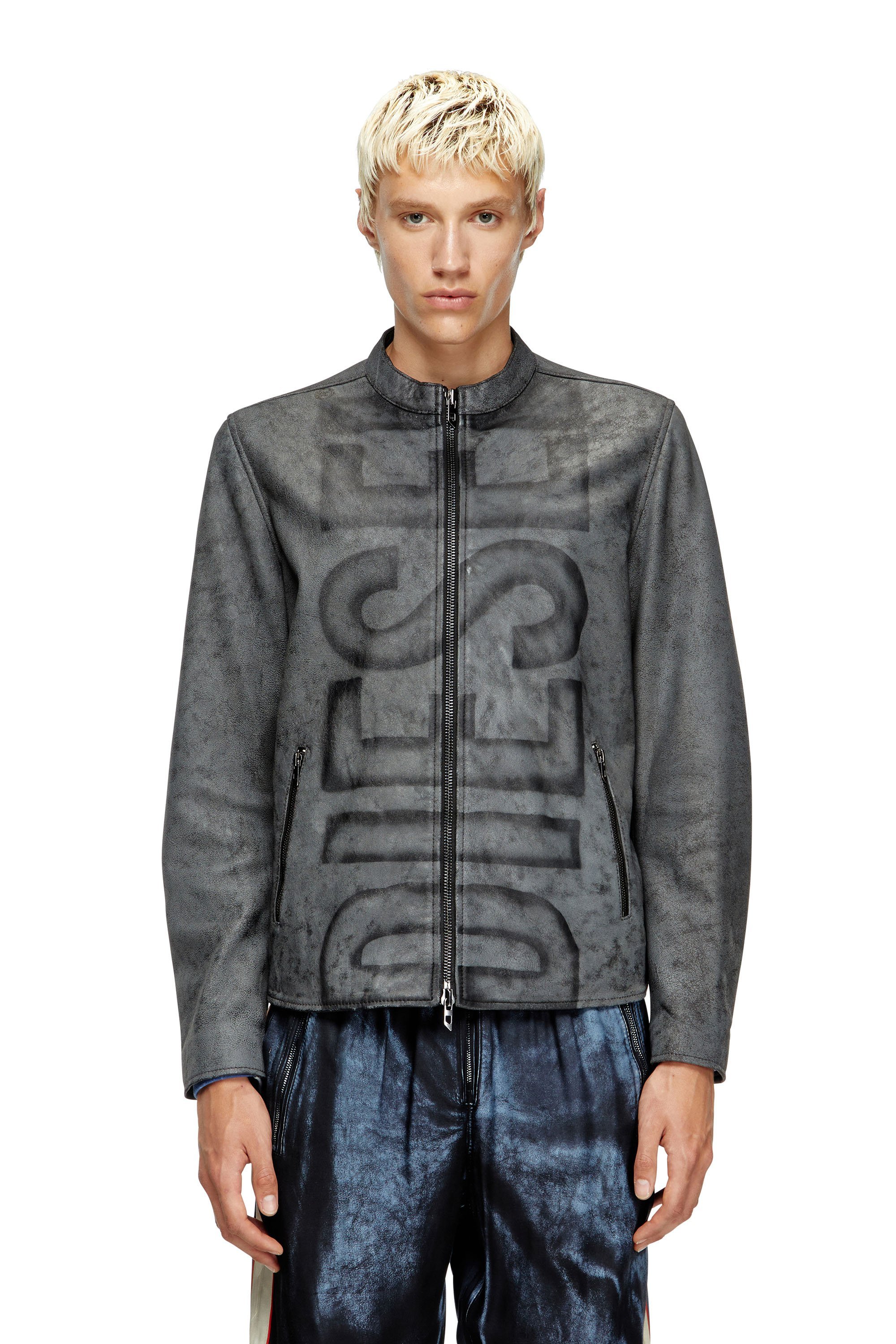 DIESEL 黒とグレーのレザージャケット グレー（灰色）系 DIESEL(ディーゼル) レザージャケット(メンズ
