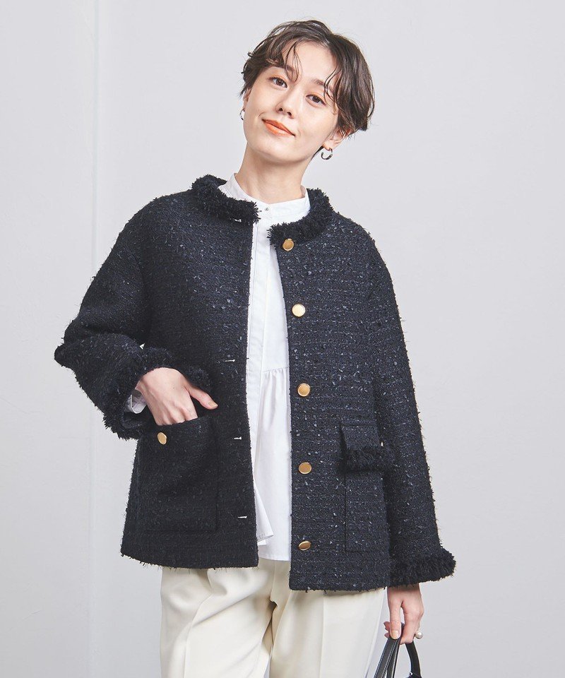 SALE／50%OFF】UNITED ARROWS ファンシーツイード ノーカラー ジャケット ユナイテッドアローズ ジャケット・アウター ノーカラージャケット  ホワイト ネイビー【送料無料】