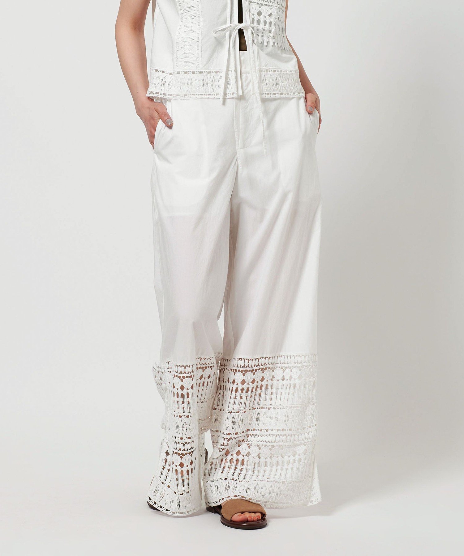 ヌキテパ　レース　パンツ　白　定価26,400円 Cotton Jacquard Lace Pants | Pasand by ne Quittez pas