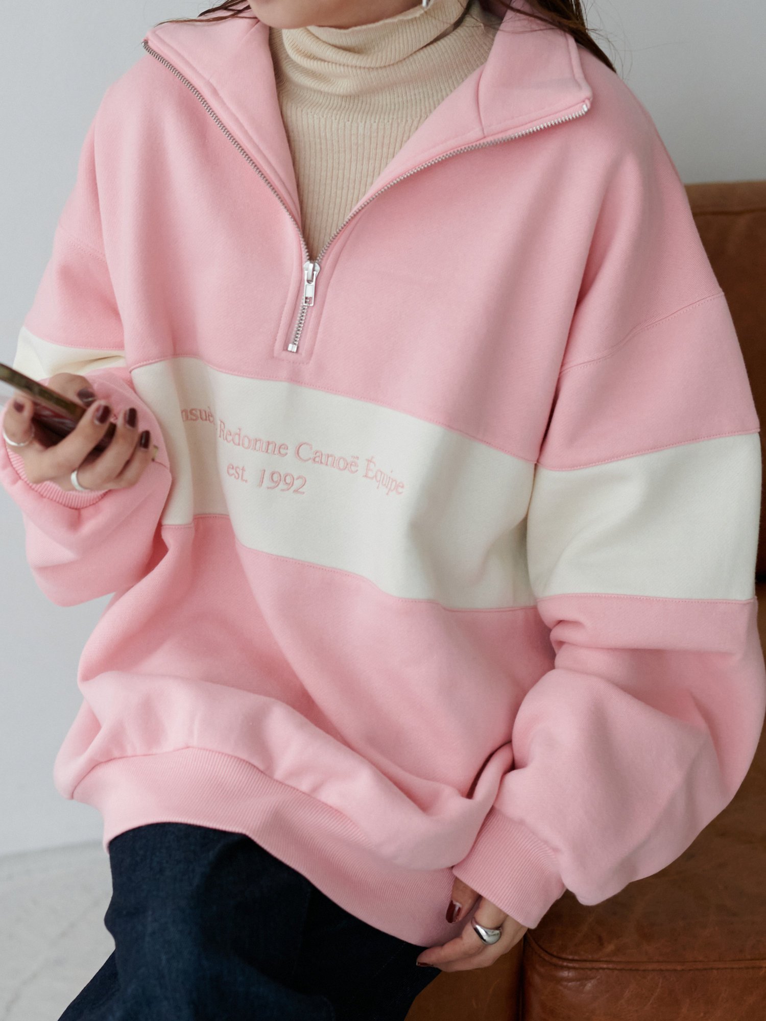 Discoat パネル切替配色ハーフジップスウェット ディスコート トップス カットソー・Tシャツ ブラウン ベージュ ピンク【送料無料】 Discoat 切り替え カットソー ハーフジップ