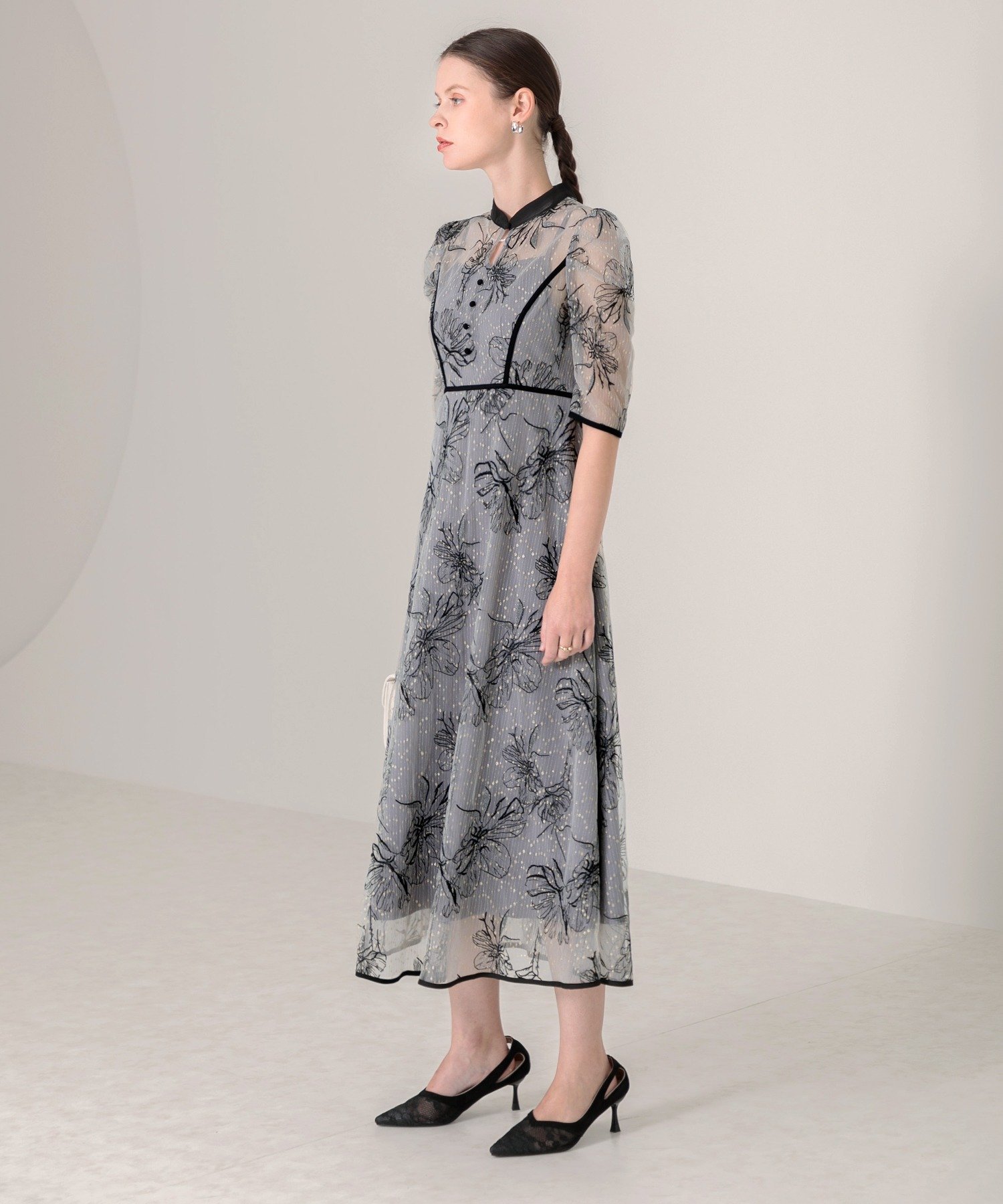 SALE／15%OFF】Leja LEJA-配色パイピング花柄ラメレースワンピース