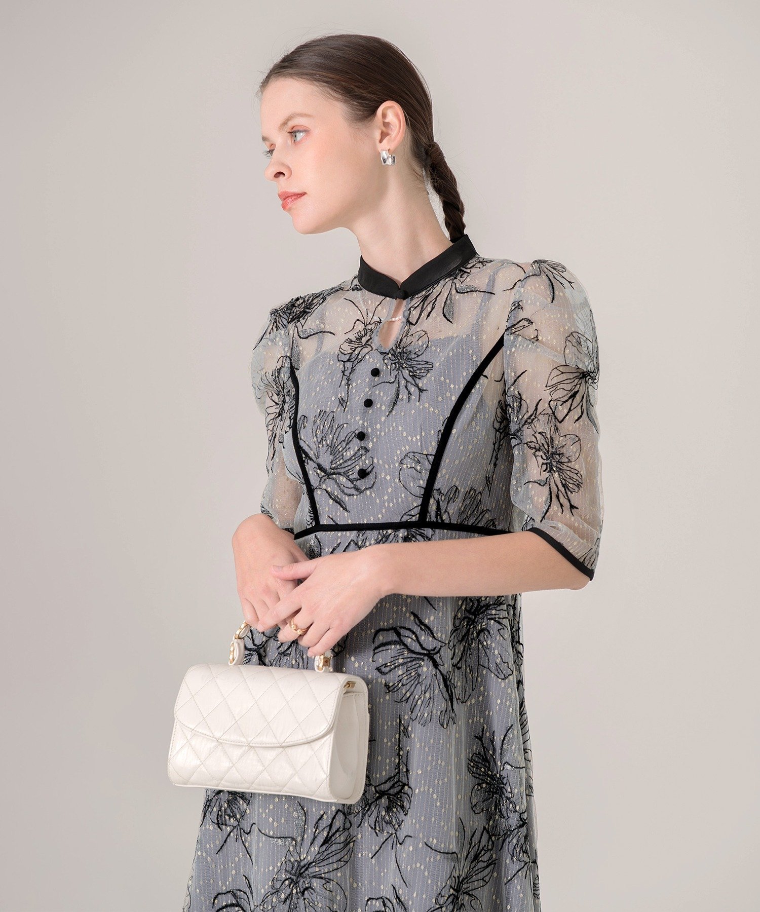 SALE／10%OFF】Leja LEJA-配色パイピング花柄ラメレースワンピース