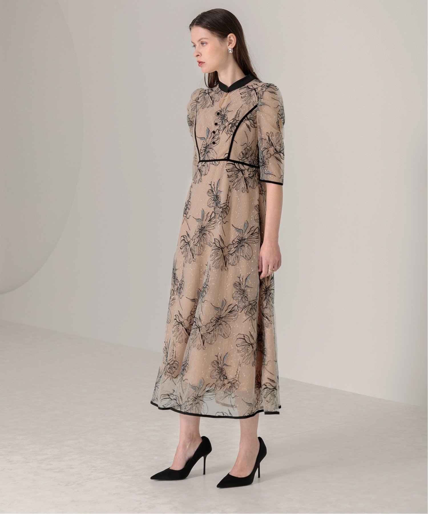 SALE／10%OFF】Leja LEJA-配色パイピング花柄ラメレースワンピース