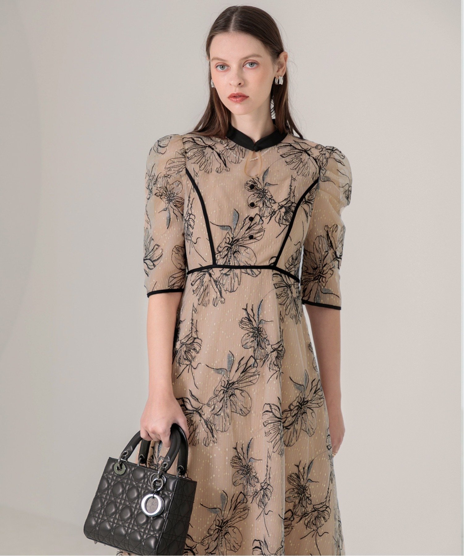 SALE／10%OFF】Leja LEJA-配色パイピング花柄ラメレースワンピース