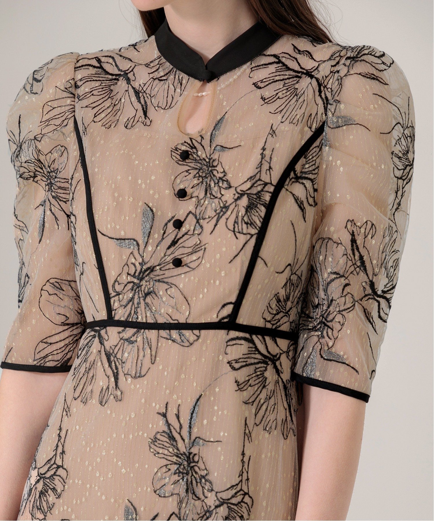 SALE／10%OFF】Leja LEJA-配色パイピング花柄ラメレースワンピース