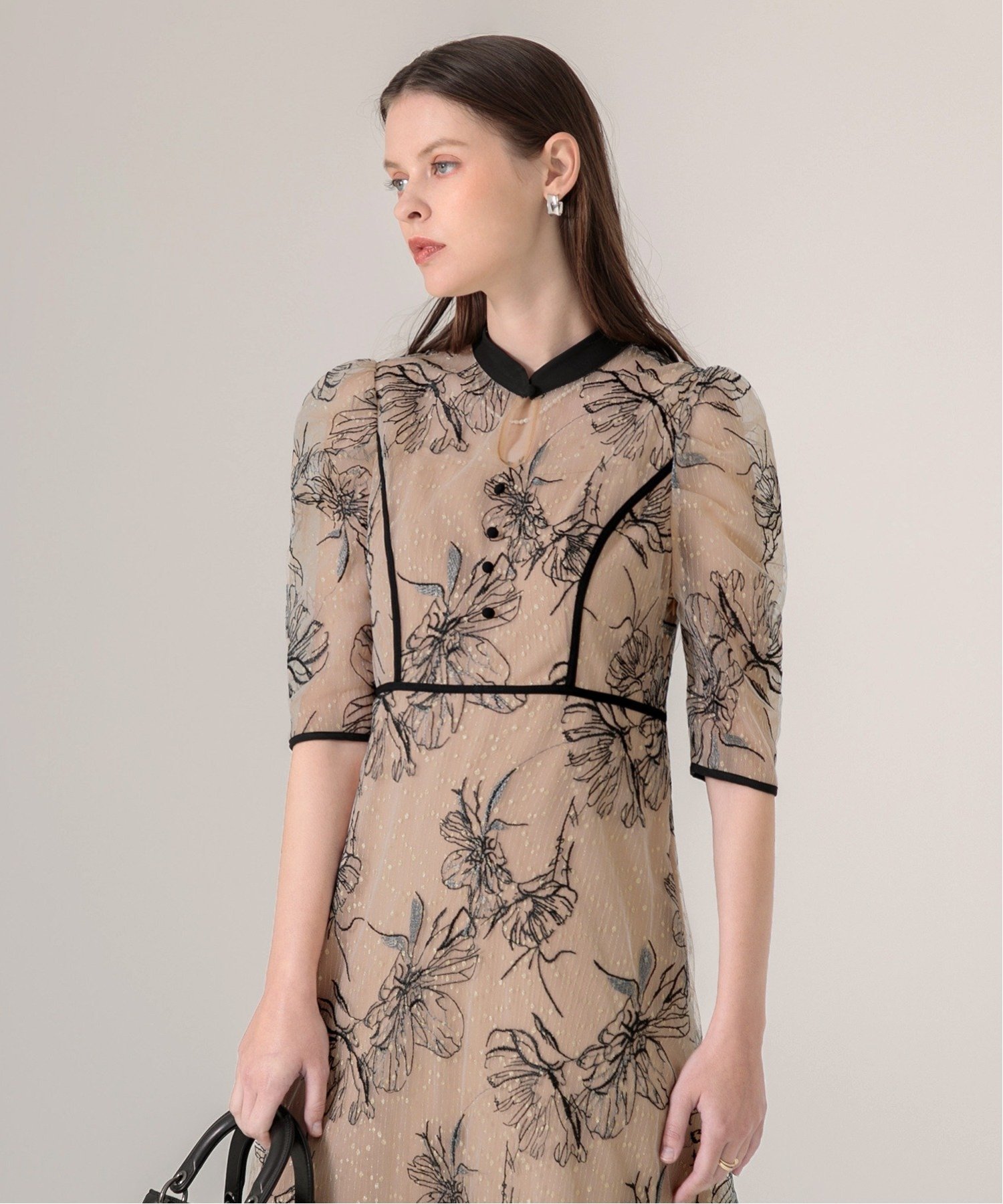 SALE／10%OFF】Leja LEJA-配色パイピング花柄ラメレースワンピース