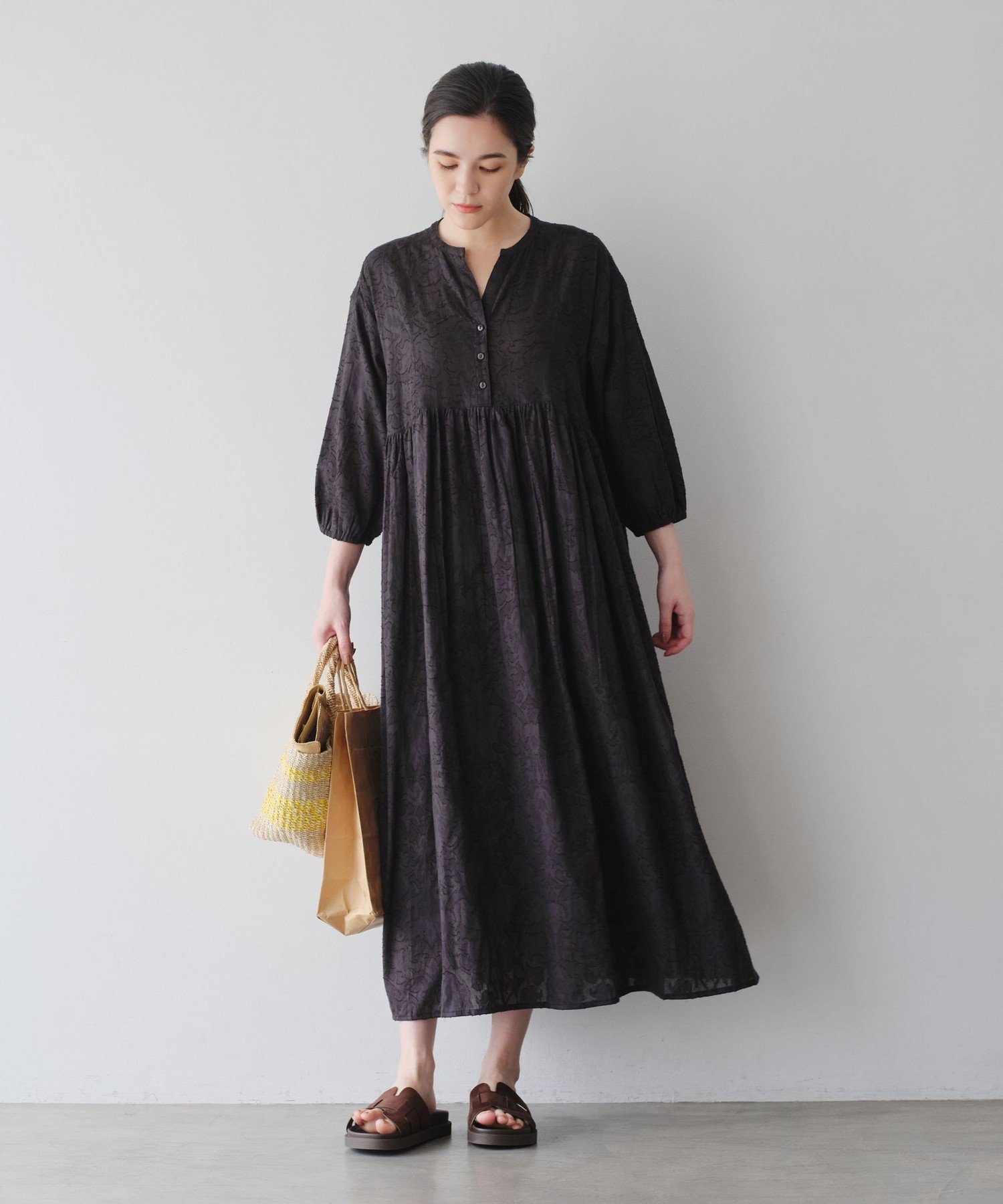 pot and tea カーキ インドピンタックワンピース 美品 pot and tea インドアンティークレースワンピース