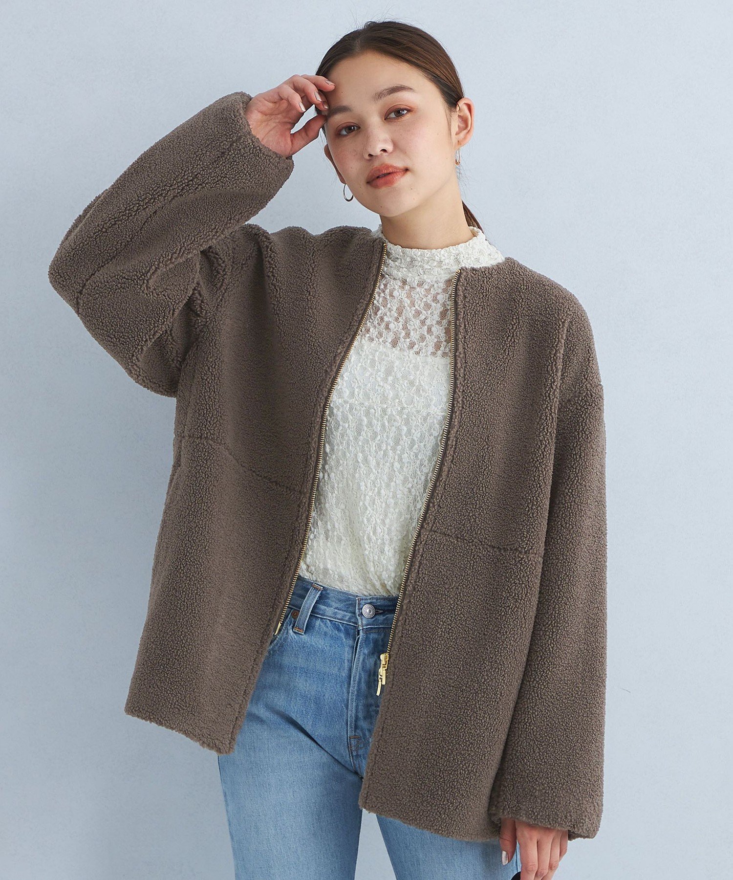 グリーンレーベルリラクシング　ボアジャケット SHORT size SHORTあり］ボア ノーカラー ブルゾン