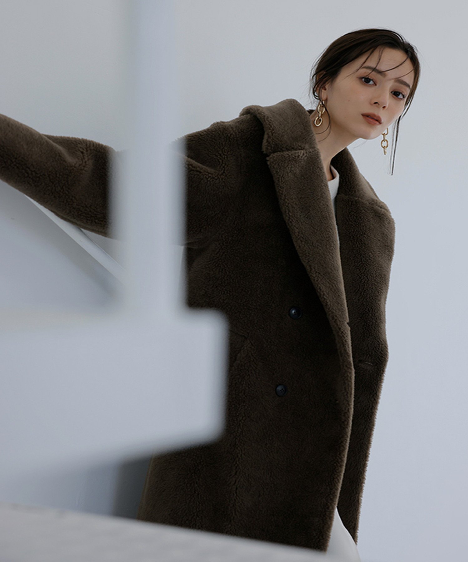 anuans ウールブレンドボアダブルロングコート アニュアンス