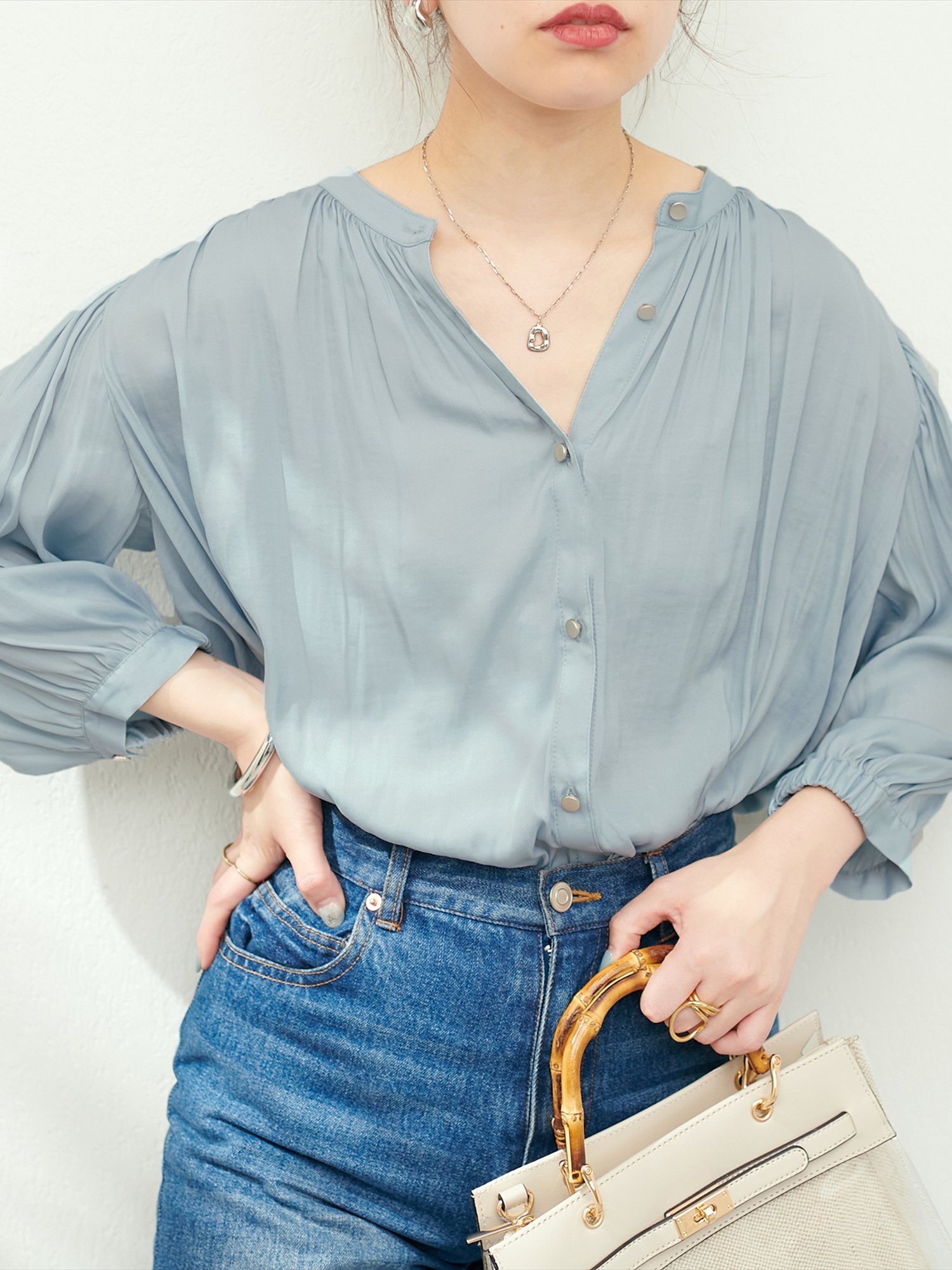 natural couture とろみサテン7分袖ブラウス ナチュラルクチュール 