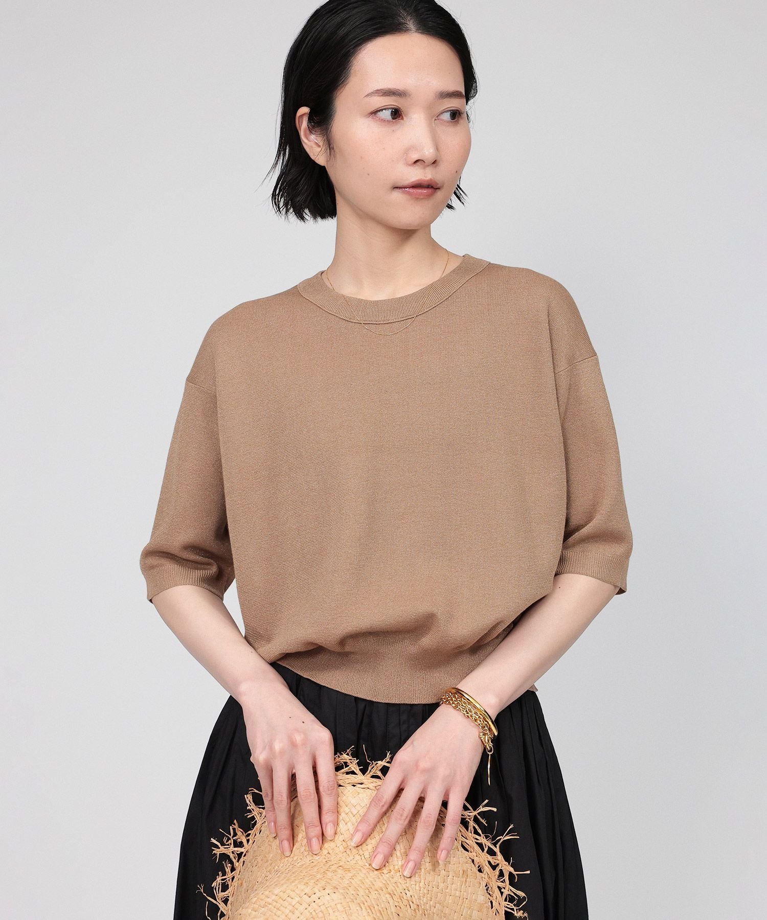 【SALE／40%OFF】BABYLONE シャイニー5分袖プルオーバー バビロン トップス ニット ベージュ ブルー ブラック【送料無料】画像