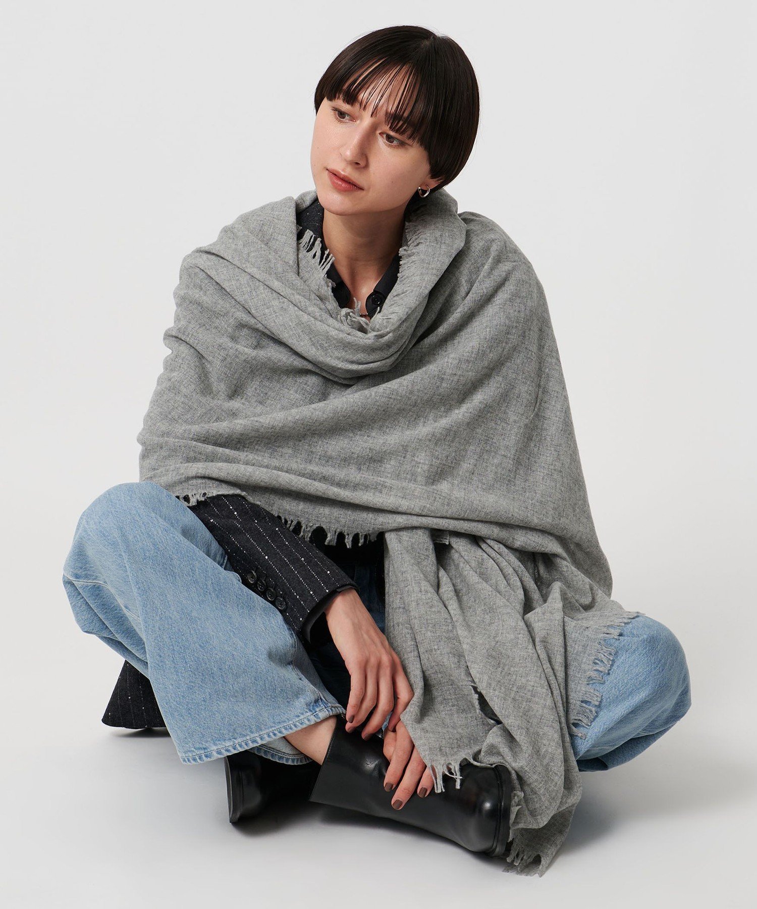 ASAUCE MELER アソースメレ　ショール　グレー　カシミア100% ASAUCE MELER アソースメレ ショール グレー カシミア100