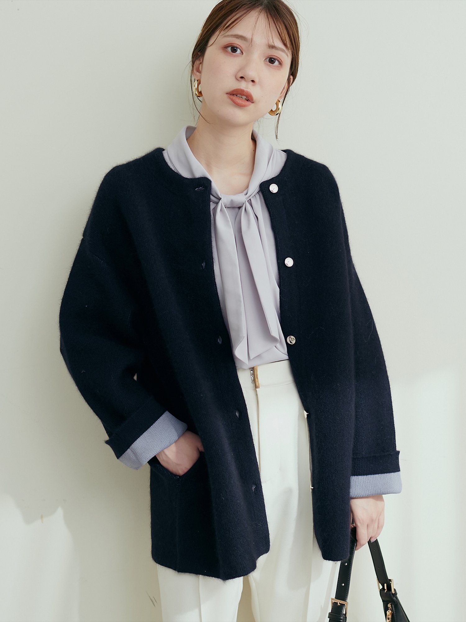 natural couture FOX混Wフェースニットコート カーディガン セール】FOX混Wフェイスニットコート（ノーカラーコート