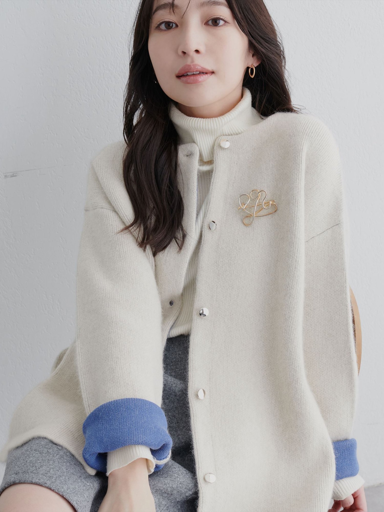 【新品】完売品　natural couture FOX混　 ニットジャケット セール】FOX混プレーティングニットジャケット（ノーカラー